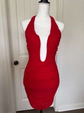 Dollhouse Red Ruched Halter Deep-Plunge Bodycon Mini Dress